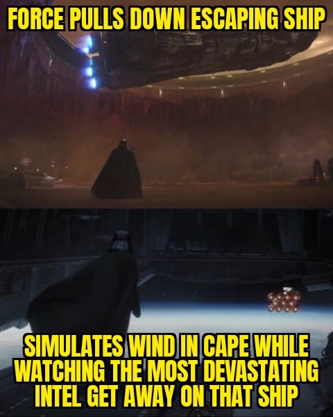 The meme is a humorous image that contrasts a scene from the movie Star Wars: The Force Awakens with a scene from the movie Star Wars: The Last Jedi. The text reads: "When you're trying to escape the First Order but you're actually just trying to escape the First Order's ship because you're on the First Order's ship".